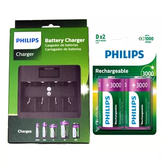 Carregador Philips Com 2 Pilhas D 3000mah Usb C/ Display