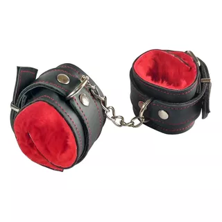 Esposas De Eco Cuero Negro Y Peluche Rojo Con Cadenas