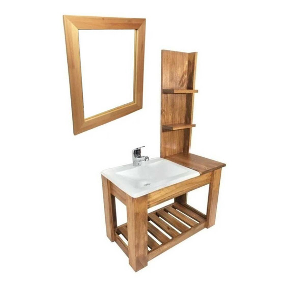 Mueble para baño DF Hogar Colgante con estantes + bacha + espejo de 60cm de ancho, 100cm de alto y 33cm de profundidad, con bacha color blanco y mueble cedro con un agujero para grifería