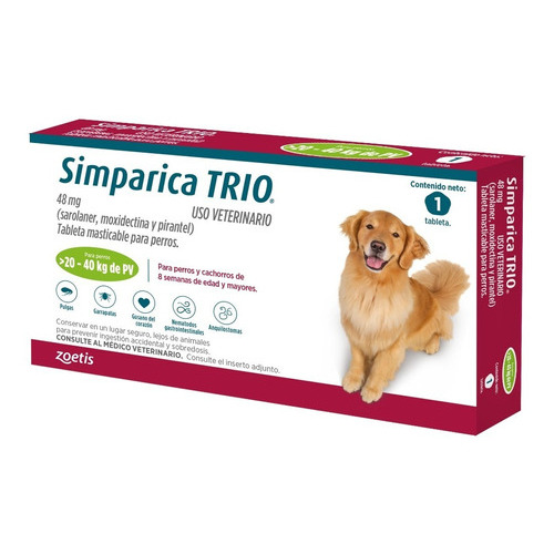 Simparica Trio 1 Tableta Para Perros 20 A 40 Kg