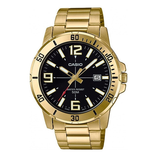 Reloj pulsera Casio Dress MTP-VD01G-1BVUDF de cuerpo color dorado, analógico, para hombre, fondo negro, con correa de acero inoxidable color dorado, agujas color dorado, blanco y rojo, dial blanco y d