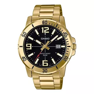 Reloj Pulsera Casio Dress Mtp-vd01g-1bvudf De Cuerpo Color Dorado, Analógico, Para Hombre, Fondo Negro, Con Correa De Acero Inoxidable Color Dorado, Agujas Color Dorado, Blanco Y Rojo, Dial Blanco Y D