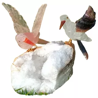 Pássaros Casal Beija Flor Pedra Quartzo Rosa + Geodo Cristal