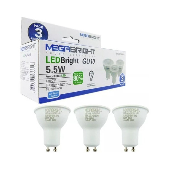 Pack X3 Ampolleta Led 5,5 W Gu-10 Luz Neutra Megabright Color De La Luz Blanco Neutro