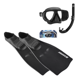 Kit Mergulho Completo Máscara Snorkel Nadadeira Pé De Pato Seasub - Vidros Temperados Intercambiáveis Cor Preto | 37/39