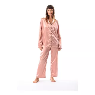 Pijama Largo Camisero De Seda Rosa Jibona