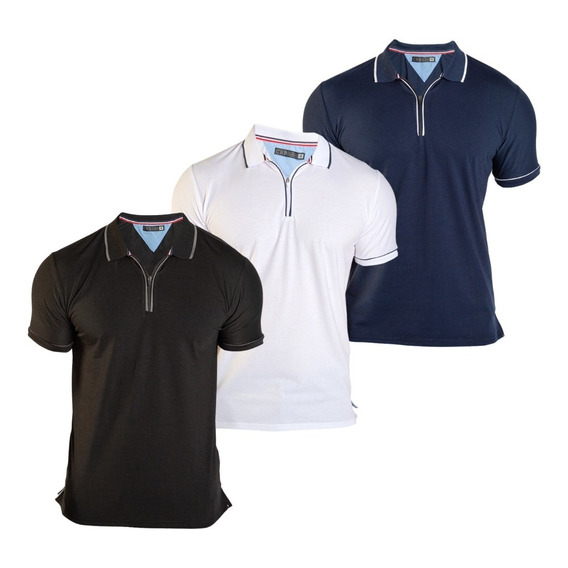 Combo 3 Playeras Tipo Polo Caballero Lisas Negra Azul Blanco