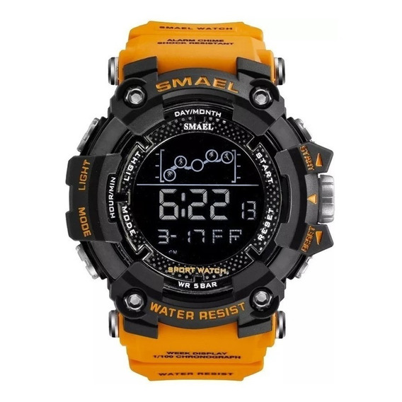 Reloj pulsera digital Smael 1802 con correa de resina color naranja - fondo negro