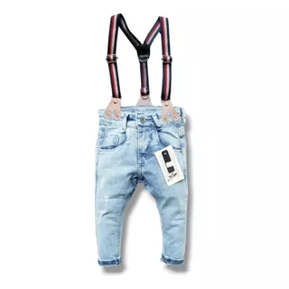 Calça Jeans Clara Com Suspensório Estilosa Menino Bebê 123