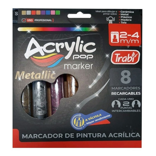 Marcadores Acrilico Trabi Acrylic Pop X 8 Colores Metal