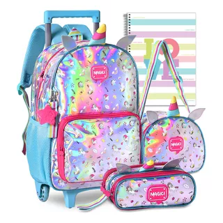 Kit Mochila Escolar Unicórnio Infantil Com Rodinhas Meninas