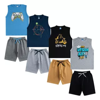 4 Conjunto Menino Infantil Bermuda E Regatas Masculina Verão