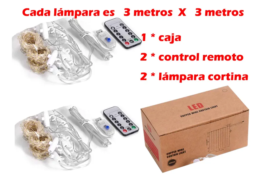 2 Piezas Cortinas Serie Luces 300 Led Decorativas Usb 3x3m Blanco Cálido Ununmx