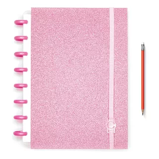 Caderno Criativo Inteligente Glitter Rosé Discos Rosa Médio