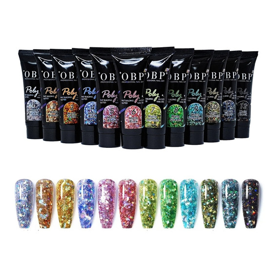 Poligel Nail Glitter Grueso Para Decoración De Uñas 12pz15ml