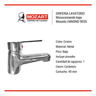 Griferia Monocomando Mozart Madrid 9035 Lavatorio Baja Rs Acabado Brillante Color Plateado