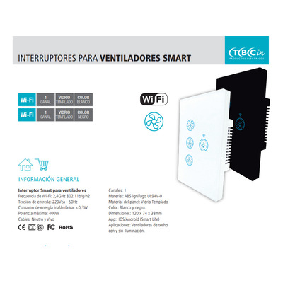 Interruptor Smart Ventilador Negro Tapa Vidrio Tbcin