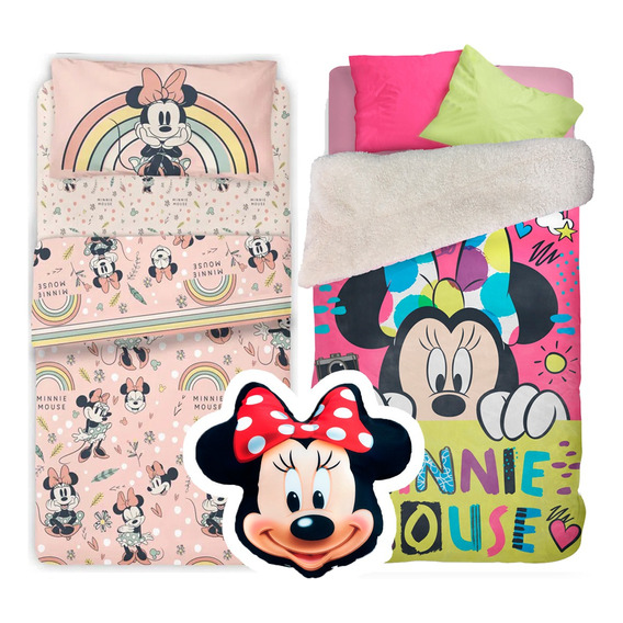 Set Sabanas Piñata + Frazada Corderito + Almohadon Minnie