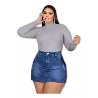 Short Saia Plus Size Feminino Jeans Com Lycra Cós Alto 48a56