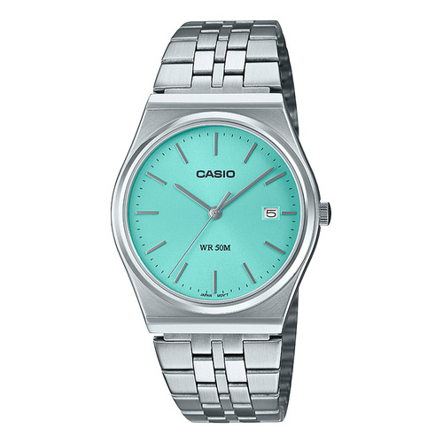 Reloj de pulsera Casio MTP-B145D-2A1VDF, analógico, para hombre, fondo verde, con correa de acero inoxidable color plateado, bisel color plateado y desplegable