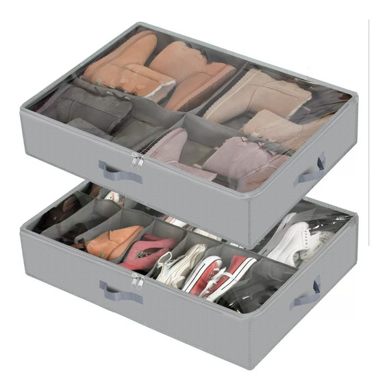 Organizador De Zapatos Almacenamiento Bajo Cama Zapatero X2 Color 16 Pares - Gris