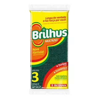 Esponja Brilhus 3 Em 1 De Espuma De Poliuretano E Fibra Sintética Abrasiva Pacote X 3