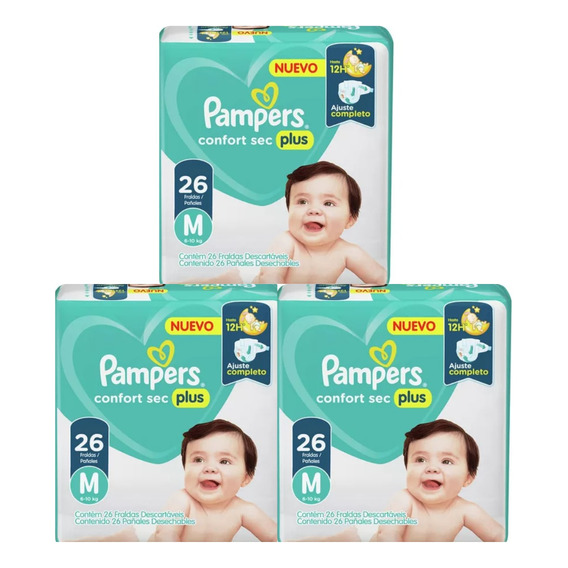 Pack X3 Pañales Pampers Confort Sec Plus 26u M 6-10kg Full