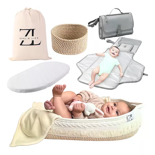 Cesta cambiador para bebé, cesta de moisés, decoración bohemia de cuerda de  algodón, con almohadilla de espuma de algodón grueso y funda de colchón de