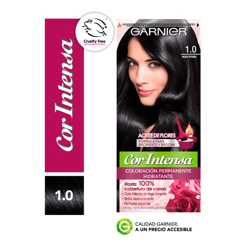 Kit Tinta, Oxidante Cor Intensa  Aceite de flores Kit Coloración Permnente Hidratante Garnier Cor Intensa tono 1.0 negro intenso 20Vol. para cabello