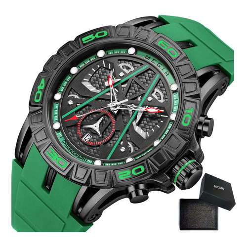 Reloj pulsera Megir 8110 con correa de silicona color verde