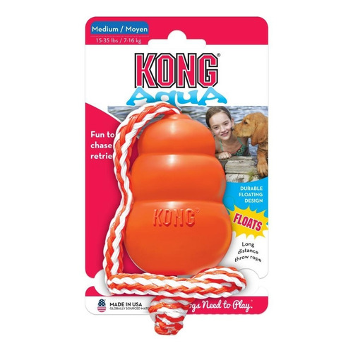 Kong Aqua Mediano Flotante Durable Con Cuerda P/lanzar Lejos Color Naranja