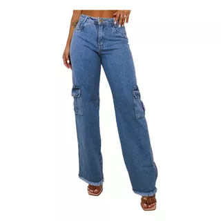 Calça Jeans Feminina Wide Leg Marmorizada Bolso Lateral Moda