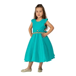 Vestido Infantil Com Manga Verde Pedraria Juvenil Luxo Esmeralda Casual Menina