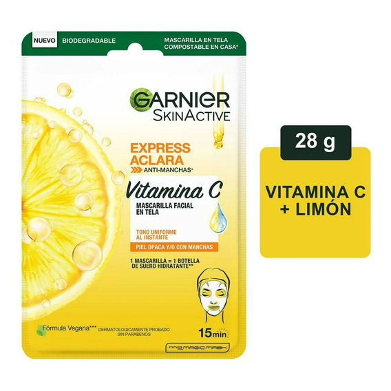 Mascarilla Facial De Tela Garnier Vitamina C Express Aclara