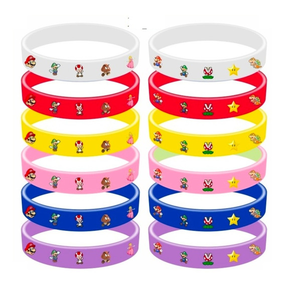 Pulseras Mario Bros - Sorpresas De Cumpleaños 12 Unid Variad