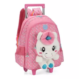 Mochila De Rodinhas Pelúcia Unicórnio Rosa Petit Up4you