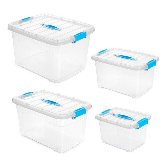 Kit 4 Cajas Organizadoras Plásticas Transparentes Con Tapa Color Azul Claro Liso