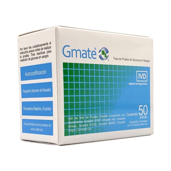 50 Tiras Reactivas Prueba Glucosa Glucometro Gmate