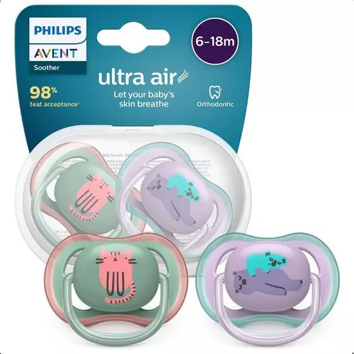 Chupón de mamila anatómica Philips Avent Chupeta Ultra Air Dupla Gato e  Urso Decorada 6-18 Meses SCF085/18 con diseño biberones avent para bebés de 6-18  meses cyan