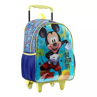 Mochila Mickey Mouse Bolsa Escolar Infantil Rodinhas Disney Cor Azul