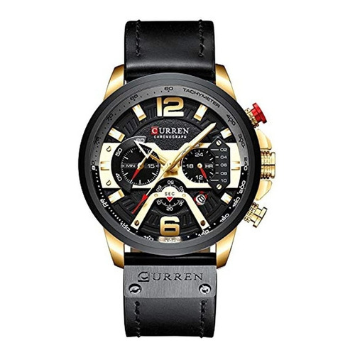 Reloj pulsera Curren 8329 de cuerpo color oro, analógico, para hombre, fondo negro, con correa de cuero color negro, agujas color oro, rojo y blanco, dial oro y blanco, subesferas color negro, minutero/segundero blanco, bisel color negro y blanco y hebilla simple