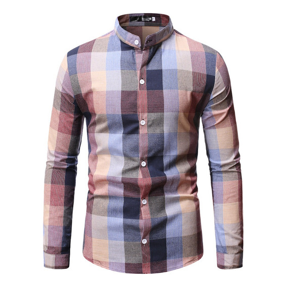 Camisa A Cuadros Manga Larga Con Botones Para Hombre