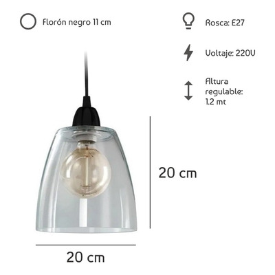 Colgante 1 Luz Vidrio Transparente Negro Vintage Apto Led