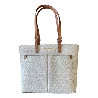 Bolsa Tote Michael Kors Monograma Medium Double Pocket Acabado De Los Herrajes Dorado Color Beige Color De La Correa De Hombro Marrón Diseño De La Tela Monogramas