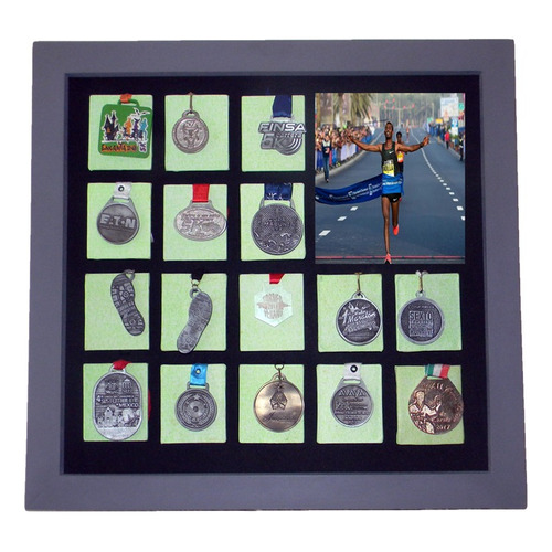 Medallero Deportes Madera Marco Barnizado 16 Medallas + Foto Color Verde Jaspe