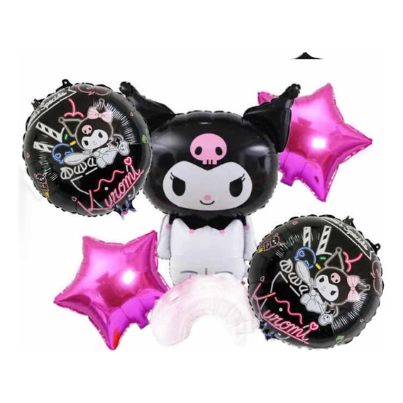 Pack 5 Globos Metalizados Kuromi Incluye Muñeca 84 Cm