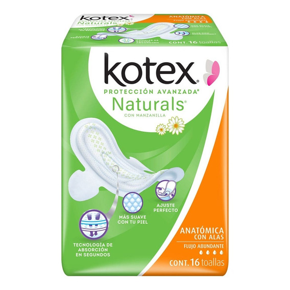 Toallas Femeninas Kotex Naturals Anatómica Con Alas 16 Toallas