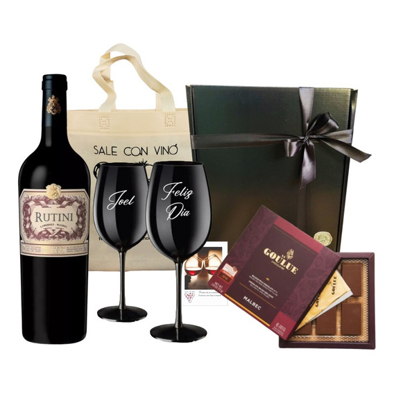 Box Vino Rutini + 2 Copas Negras Grabadas + Caja Chocolates