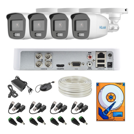 Kit 4 Camaras 1080 Hilook Colorvu Audio 100mts Utp 1tb