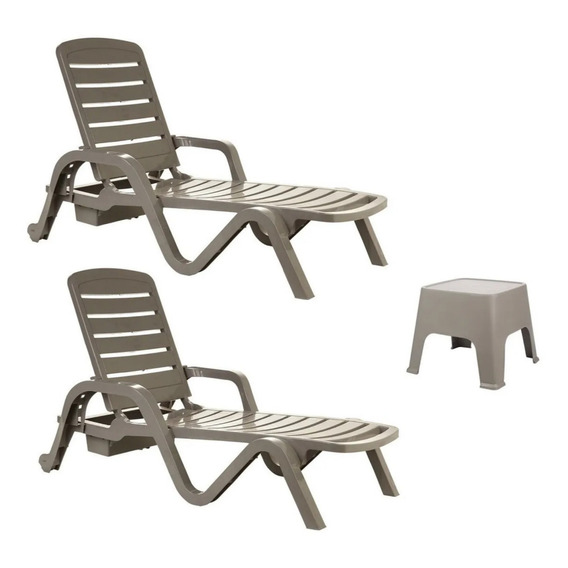 Set De 2 Reposeras Jardin Piscina Apilable + Mesa Ratona 